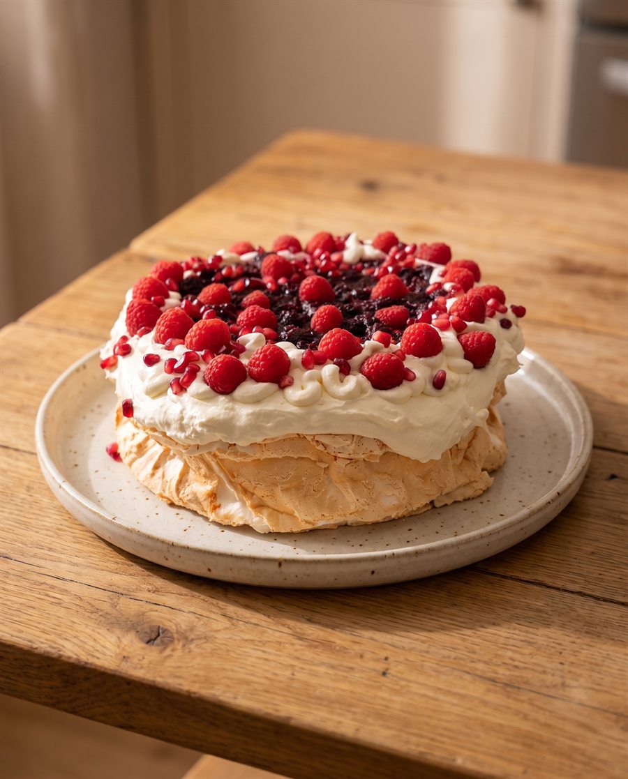 Tort Pavlova cu zmeură și rodie